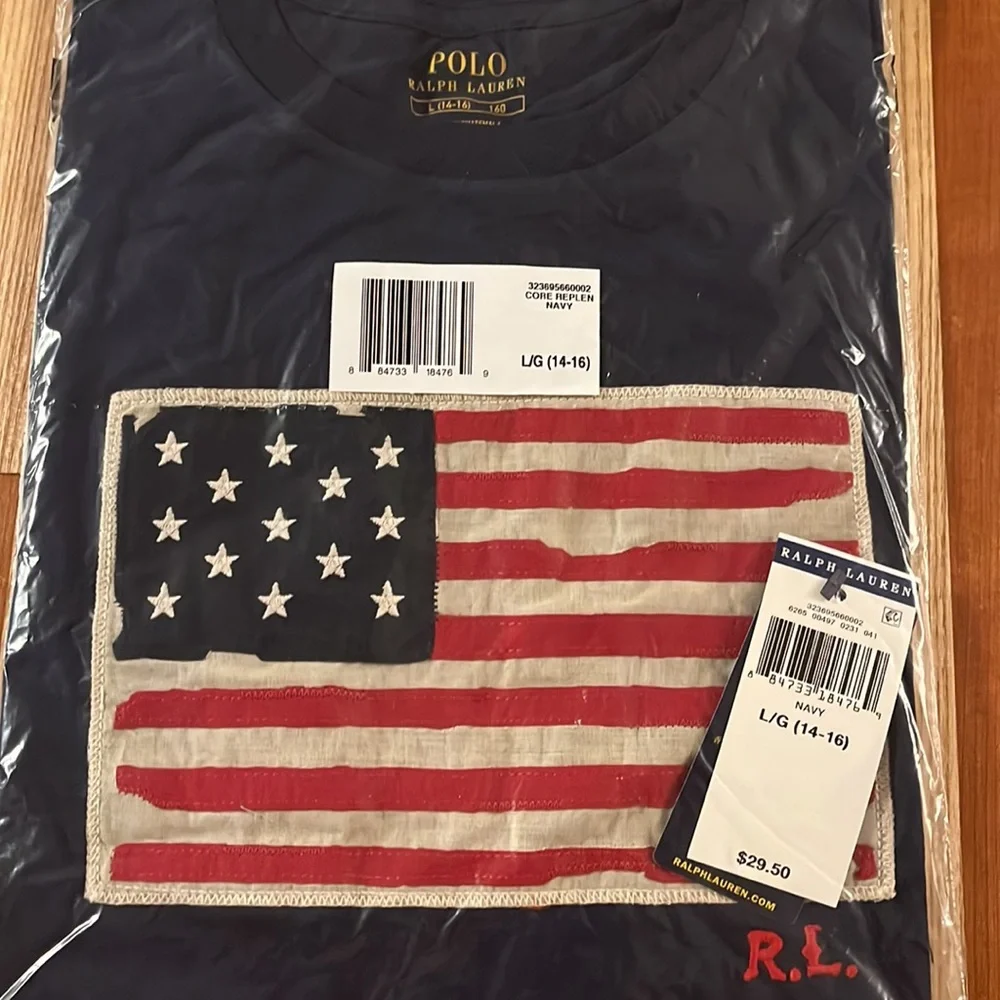 Polo Shirt Navy NEW Large (14-16) with Flag - Picture 9 of 9